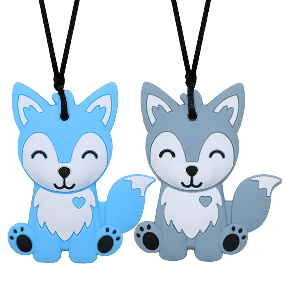 Sensory Chew Necklaces for Kids Boys and Girls - 2 Pack Fox Silicone Chewy Toys for Autism ADHD SPD Chewy Oral Motor Chewing Toy for Adults Blue&Grey